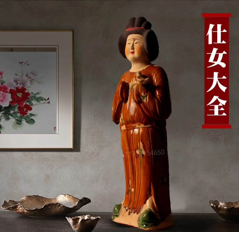 2pcs Old China Tang Sancai Porcelain Dynasty Palace Beauty Sacrifice Statue Home Room Office Tea Room Decoration Sculptures