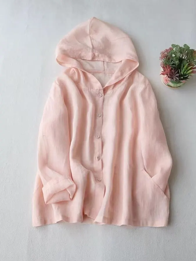 

Linen Women's Lightweight Hooded Jaet Nine Sve irt Summer Flax Sunscreen irt Versatile Top Thin Cotton Pure Color