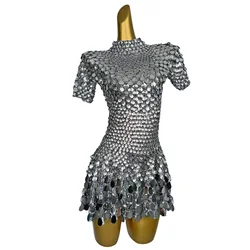 Sexy Silver Shell Sequins Mini Dresses for Women Nightclub Dance Performance Clothing Bodysuit Birthday Party Dresses Jinsique