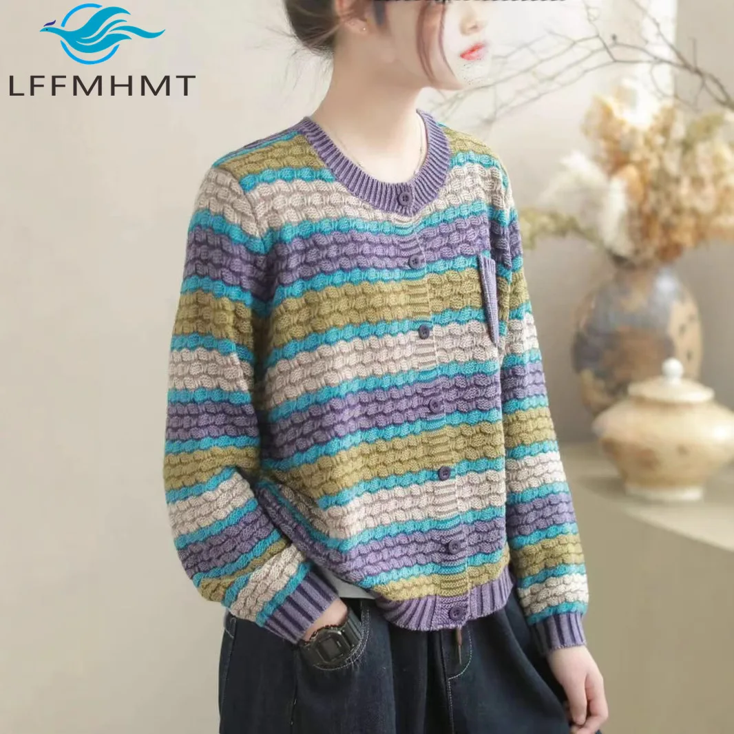 Spring Fashion Women's Striped Sweater Good Quality Long Sleeve O-neck Vintage Knitted Cardigan Female Loose Casual Cotton Coats