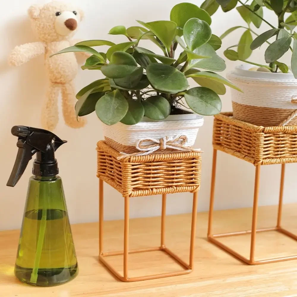 Mini Imitation Rattan Flower Pot Rack 3 Sizes with Flowerpot Indoor Decor Shelf Book Holders Rustic Wicker Plant Stand