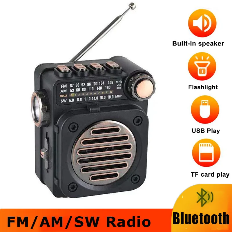Portable FM Radio Mini Pocket FM AM SW Radios Receiver Built-in Speaker Wireless Bluetooth 5.0 Music Player with LED Flashlight