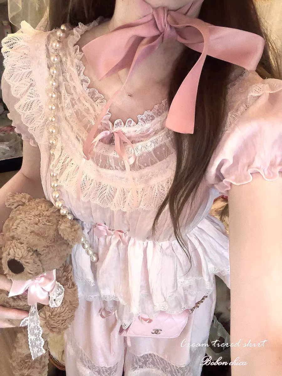 เสื้อเชิ้ตเจ้าหญิงโลลิต้าหวานๆ bobon21 Dewdrop Kiss สไตล์ฝรั่งเศส ลูกไม้ผูกโบว์ แนวเรโทร น่ารัก เสื้อเบบี้ดอลล์ T2418