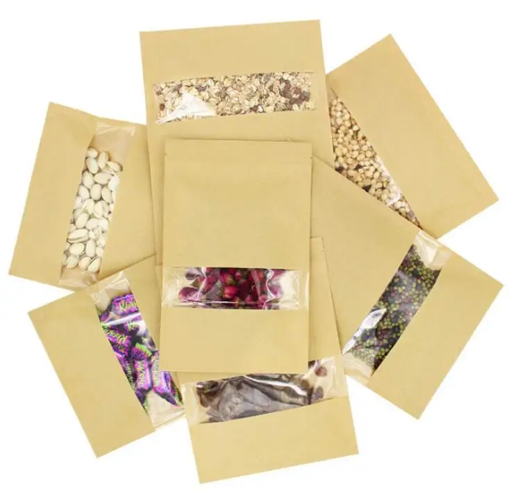 

1000Pcs/Lot Kraft Paper Food Bag , Reusable Sealing Bag Pouch With Clear Window For Storing Cookie Dried Food Snack SN2223