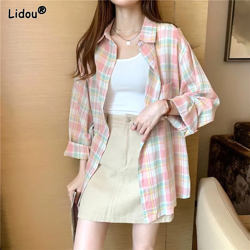 

Women's Clothing Blouses Women Shir Thin Plaid Loose Casual Turn-down Collar Summer Women Single Breasted Straight Popularity