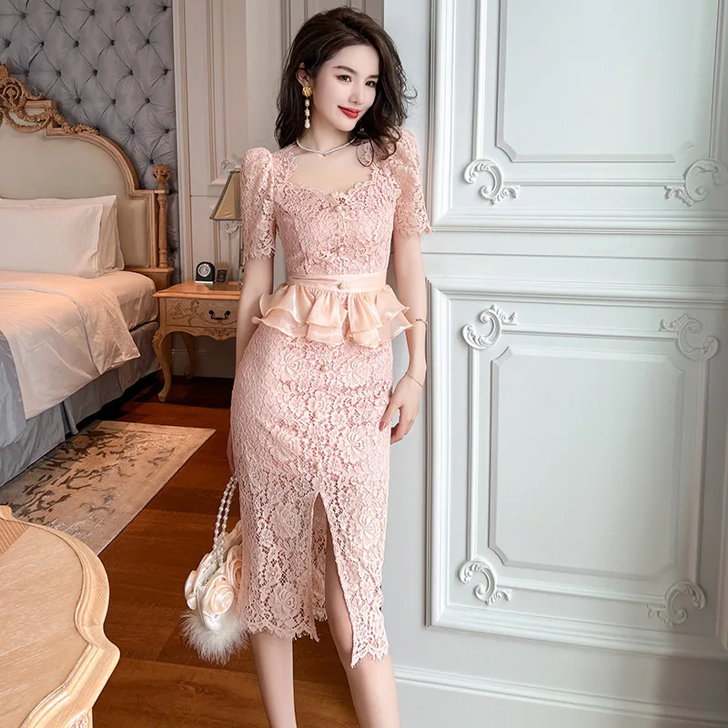 

2023 Summer Runway Lace Dresses for Women Short Sleeve Square Collar Ruffles Corset Dress Korean High End Woman Fashion Dress