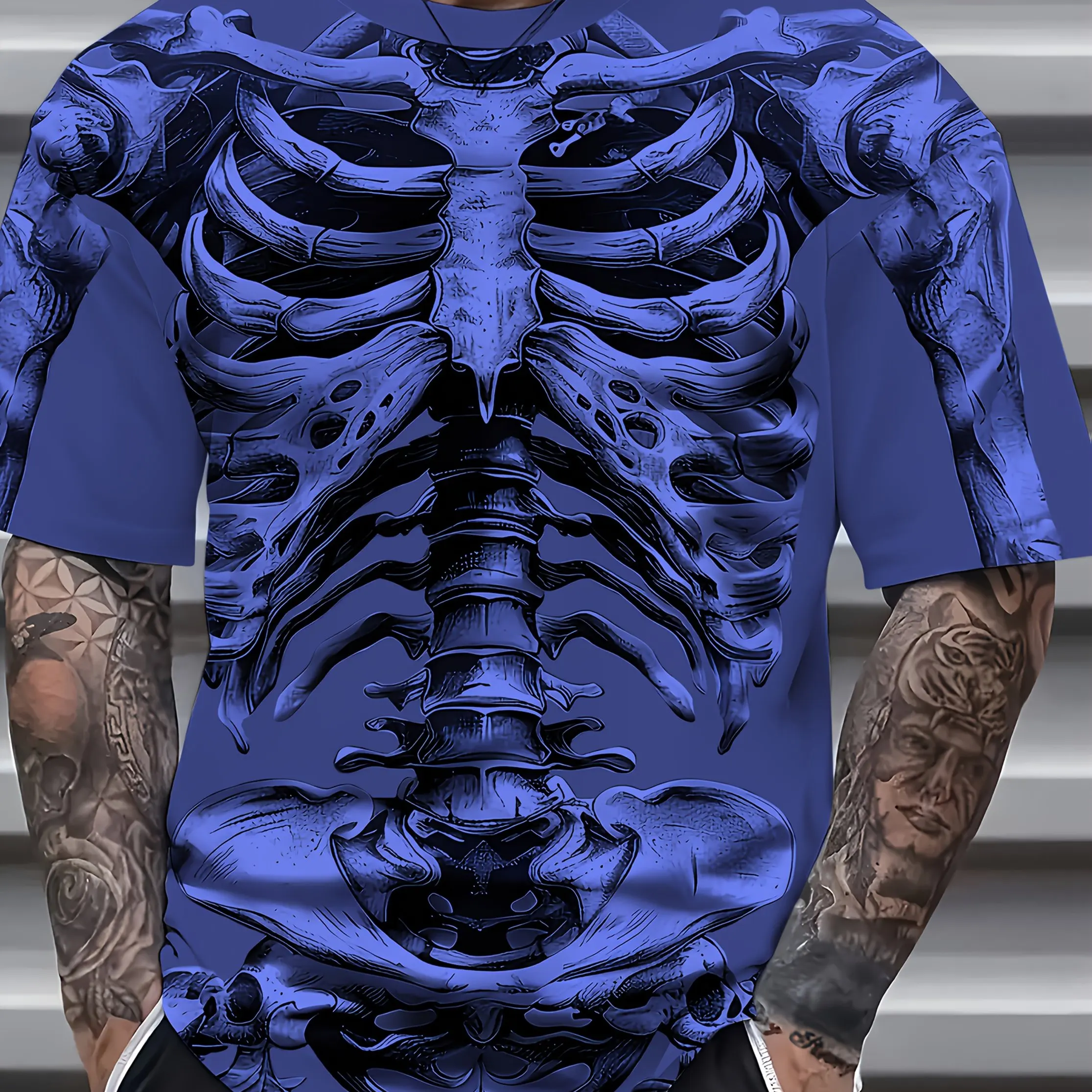 MEN'S ALL-OVER PRINT HOLLOW-OUT T-SHIRT GREY CREW NECK SHORT SLEEVE GOTHIC SKULL CASUAL STREETWEAR HALLOWEEN TOP CHILDREN'S