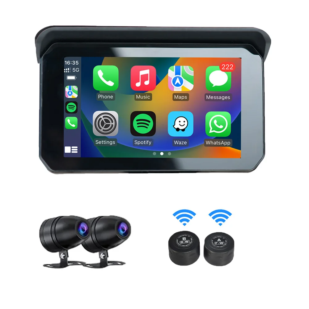 

Waterproof Portable 5" Universal Wireless Motorcycle Navigator Carplay Screen Android Auto TPMS dash Camera For Motorbike