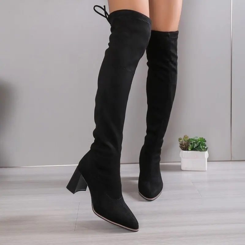 Footwear High Heels Shoes for Woman Above Over The Knee Women's Boots Elegant Heeled Thigh Lace-up Black with Laces Elastic Boot