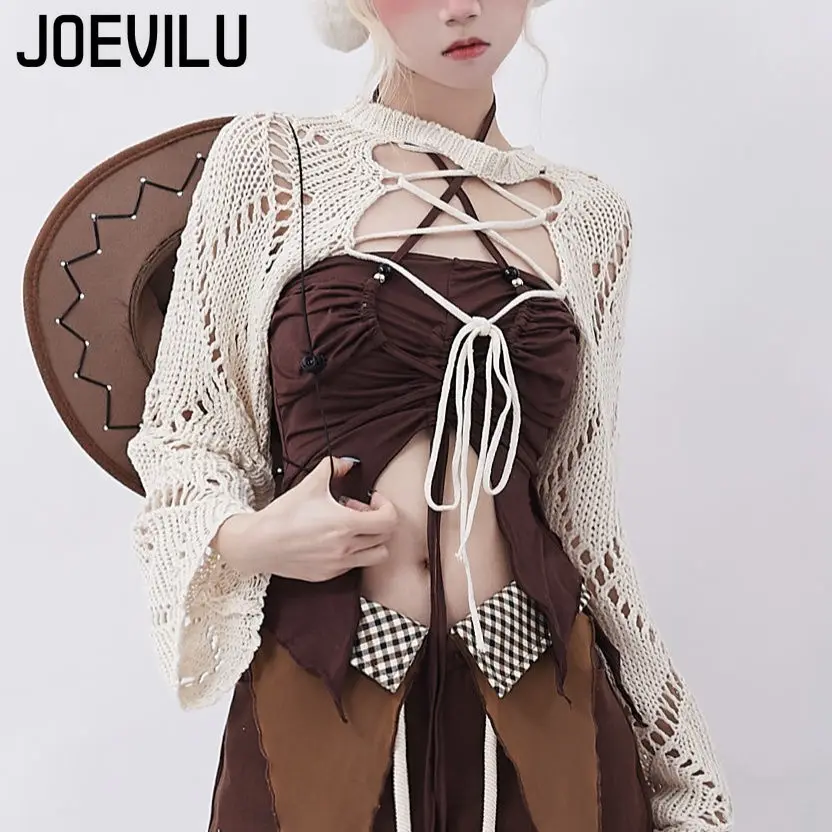 

JOEVILU Women's Vintage Lace-Up Loose Knit Cardigan Summer Long Sleeve Sun Protection Cover-Up Y2k Casual Chic Crochet Beach Top