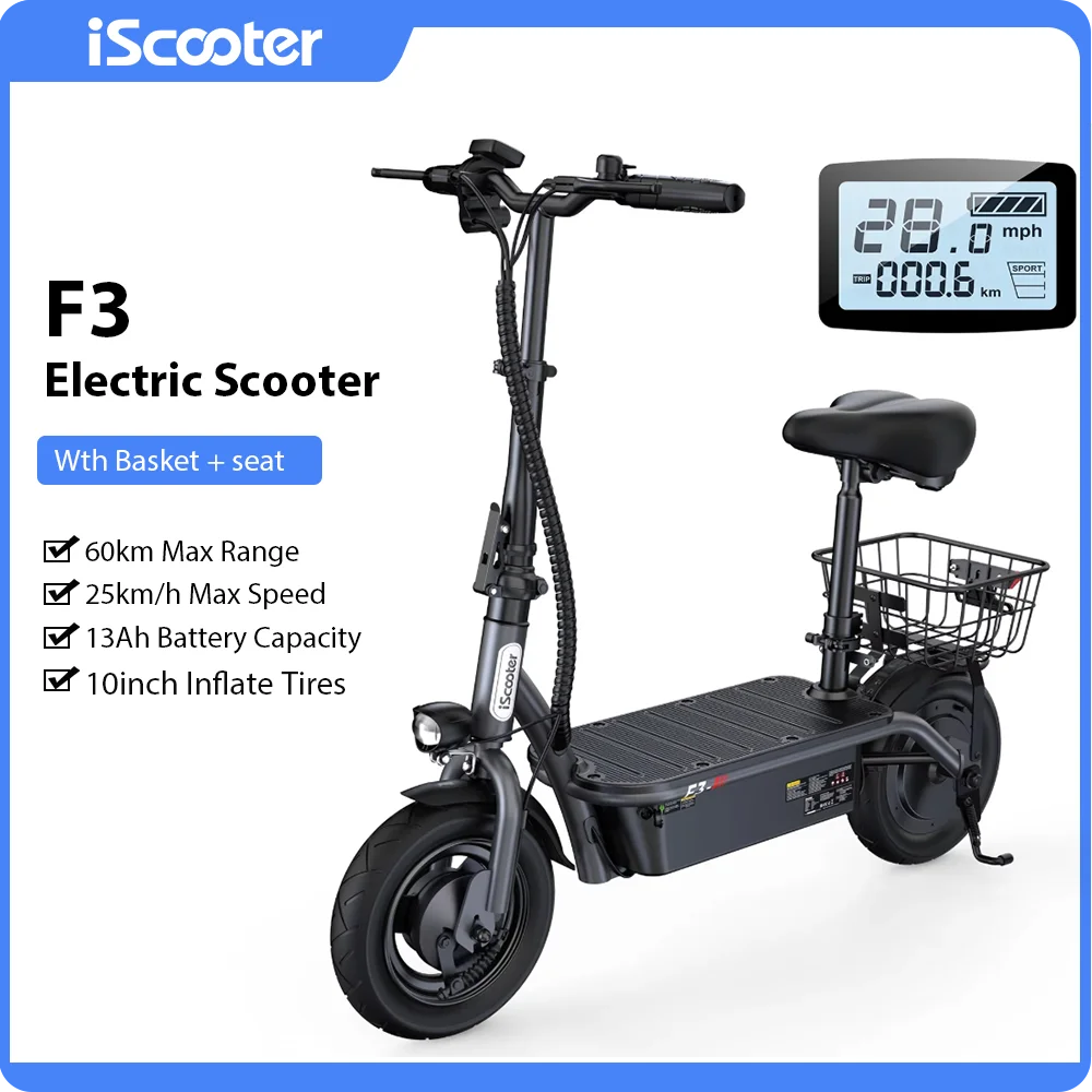 IScooter F3 Elektrische Scooter, 13Ah Batterij met een bereik tot 60 km, 10 inch opblaasbare banden, opvouwbare e-scooter voor volwassenen met comfortabel zadel en opbergmand voor dagelijks