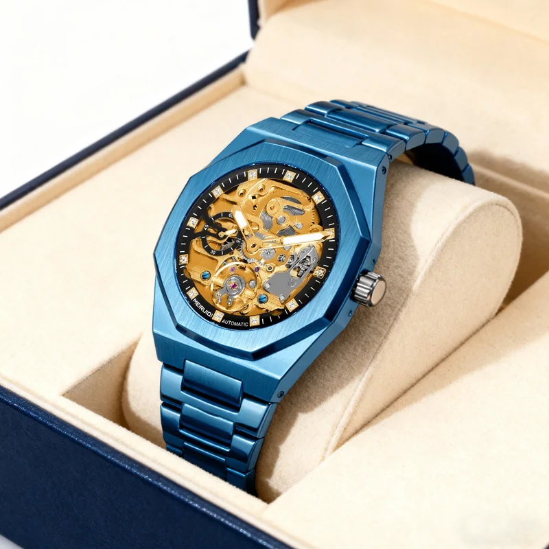 

Мужские желто-синие минималистичные элитные полностью автоматические механические часы с полым циферблатом.