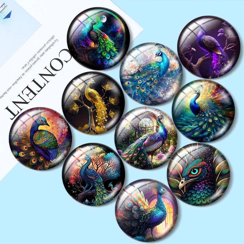 

Peacock colorful beautiful rich bird 10pcs 12mm/18mm/20mm/25mm Round photo glass cabochon demo flat back Making findings