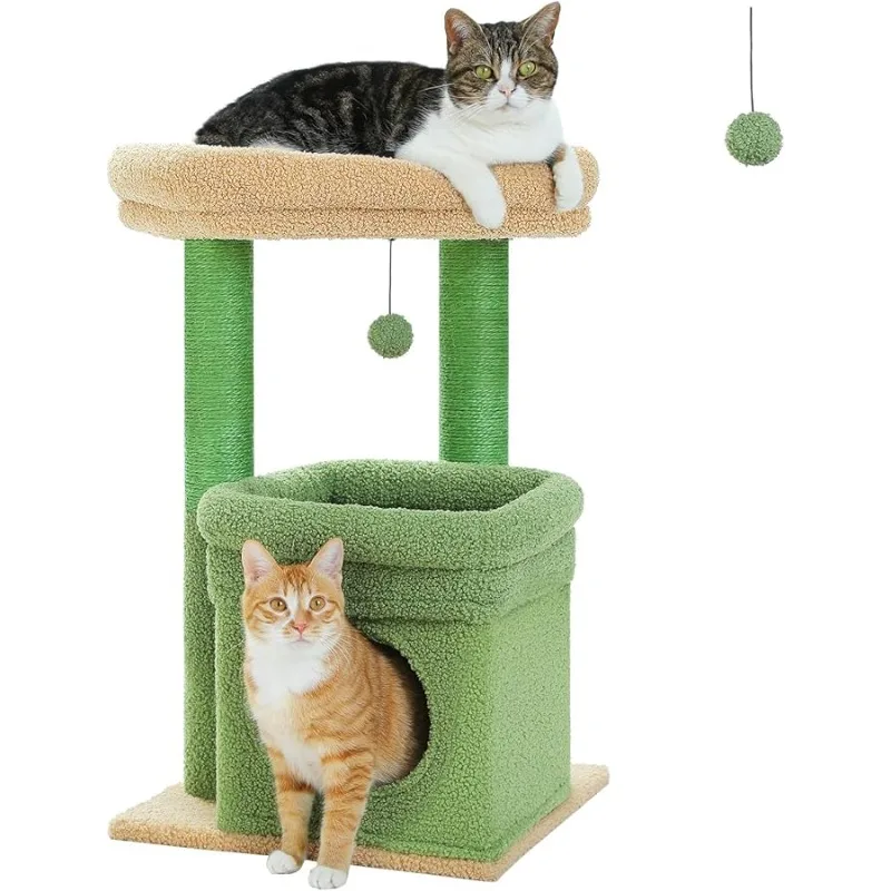 

PEQULTI Cat Tree Cactus Cat Tower for Indoor Cats with Private Cozy Cat Condo, Natural Sisal Scratching Posts and Plush Pom-pom