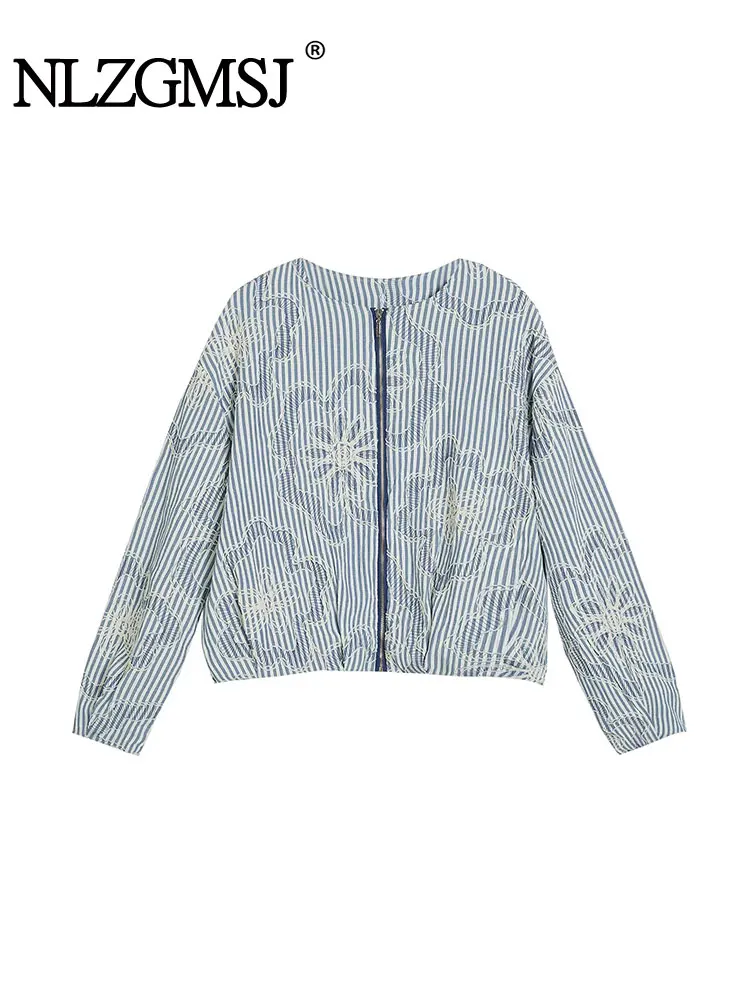 

NLZGMSJ 2025 Women's Short Jackets Long Sleeve Fashion Round neck Floral Texture Fashion Casual Striped New In Outerwears ﻿