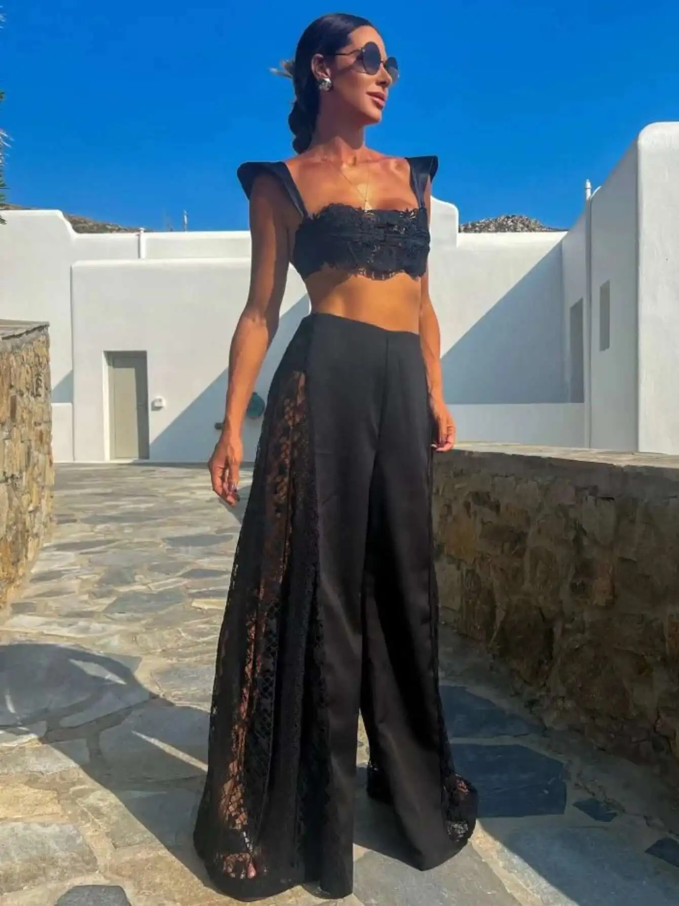 Sexy Black Three Piece Women Bikini Set With Lace Bra High Waist Hollow Out Wide Leg Pants Suit Summer Beach Swimsuit
