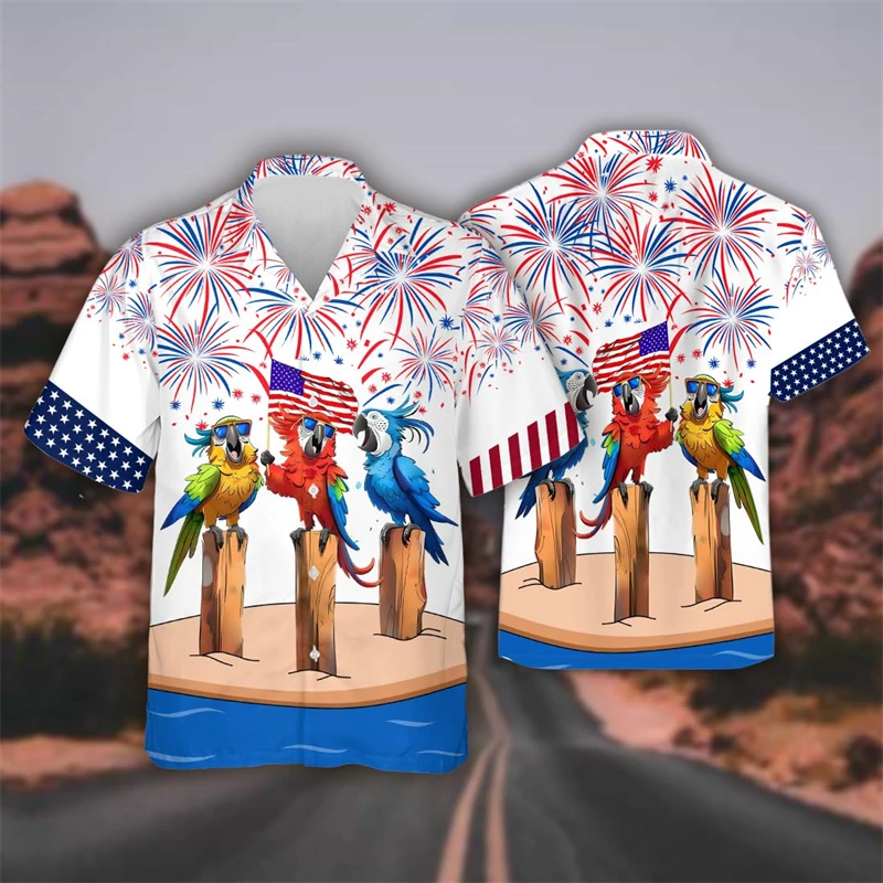 America Independence Day Graphic Beach Shirt Happy Animal Lapel Blouse July Fourth Patriotic Party Blouses US Male Button Tops