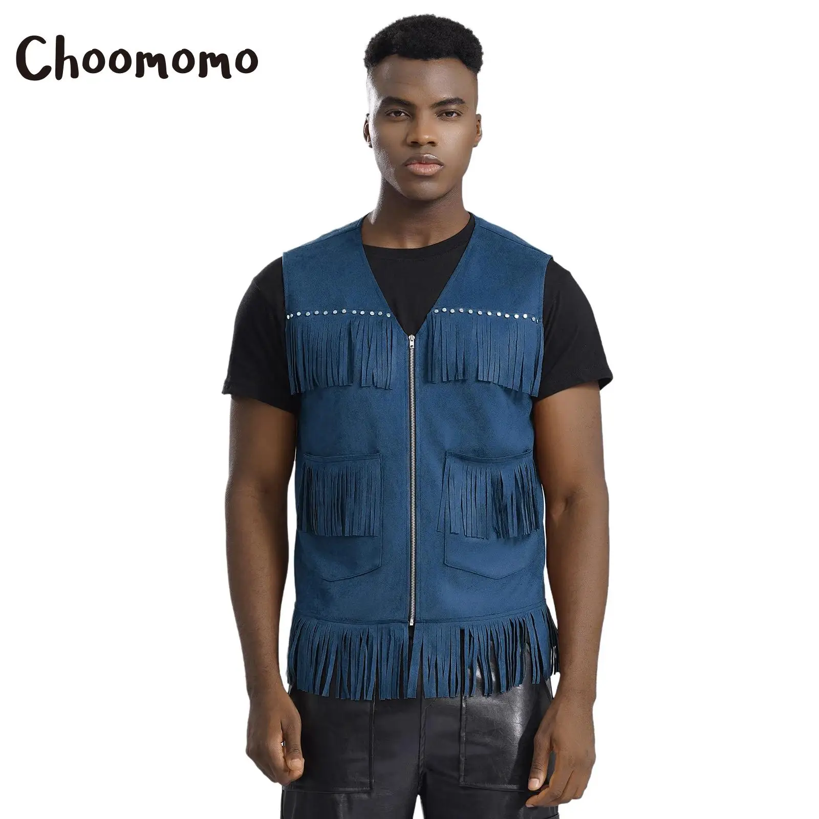 

Мужской ковбойский костюм для косплея, жилет без рукавов, жилет на Хэллоуин с V-образным вырезом, кисточками, две карманы, молния спереди, тематическая праздничная одежда