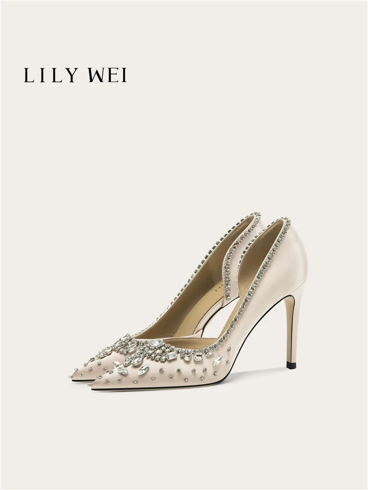 Spring new pointed silk crystal small size low heel wedding shoes banquet large size widened version slim high heels women shoes