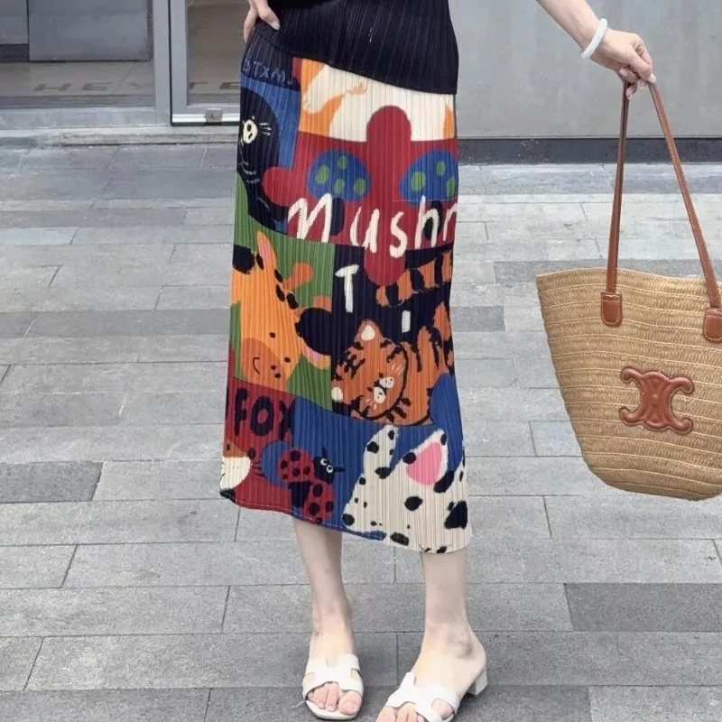 Miyake Pleated Skirt 2026 Summer New Simple Fashion Printed Casual Elastic Waist Split Women's Straight Skirt with Pockets