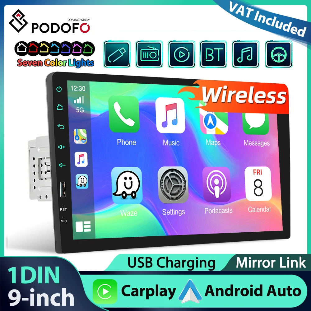Lecteur multimédia universel Podofo d-play 1Din 9'' pour voiture, Carplay sans fil, Android Auto, Bluetooth, FM, Mirror Link, lecteur MP5