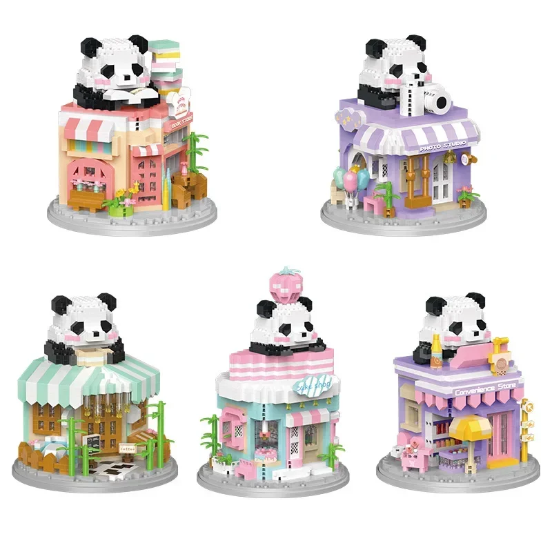 DIY Mini Panda Themed House Street View House Building Blocks Toys Chinese Style Model Toys For Kids Gifts