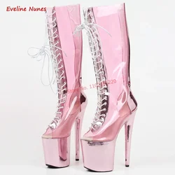 Pink Pole Dance Boots Women's Solid Platform Super Thin Heel Peep Toe Fashion Cross Straps 35-43 Plus Size Transparent Shoes