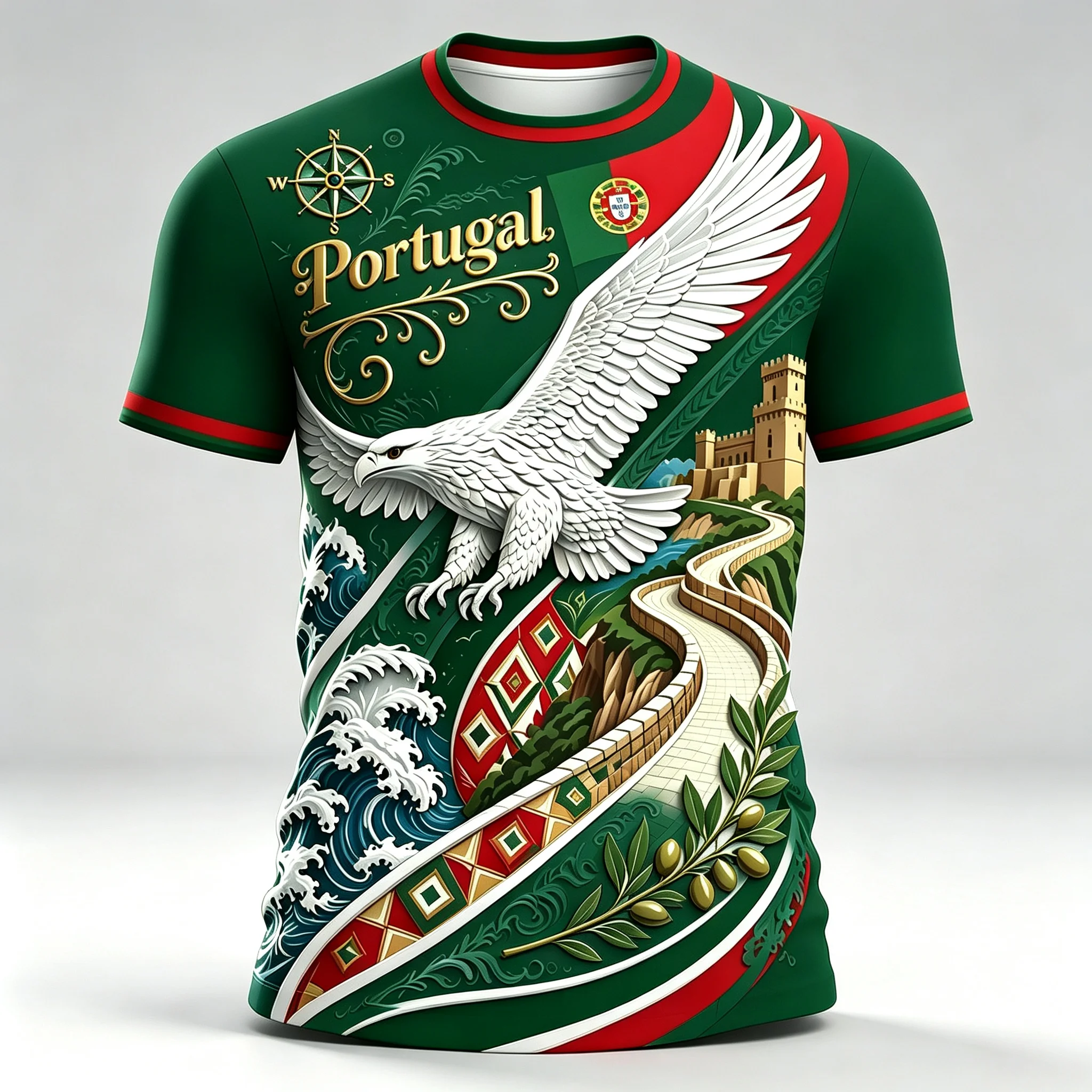 Portugal Ethnic Art Style Fan Jersey, Eagle Castle Wave Vintage Print Quick‑dry Short Sleeve, Multi‑color Casual Training Tee