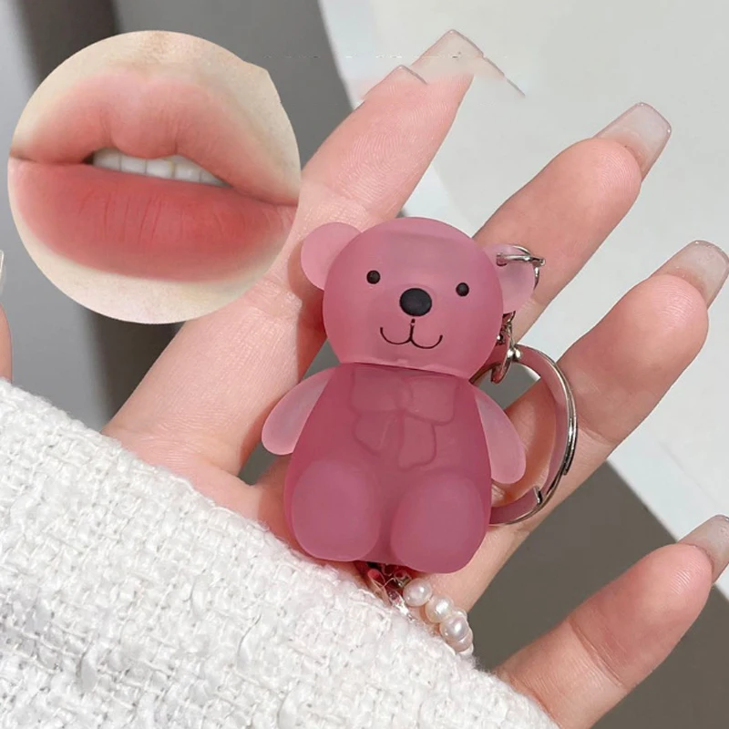 Water Light Mirror Lip Glaze Waterproof Long Lasting Cute Bear Keychain Lip Gloss Silky Smooth Liquid Lipstick Women Lip Makeup