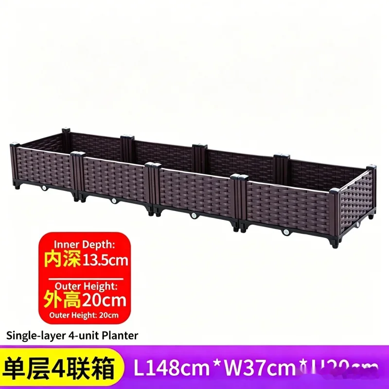

4-Compartment Raised Garden Bed 148x37x21cm Single Layer Plastic Planter Box for Vegetables Herbs Flowers for Balcony Patio Out