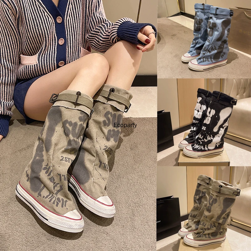 

Новые женские высокие парусиновые ботинки Y2K с граффити, весна-лето, модные ботинки с круглым носком и средним цилиндром, повседневная уличная обувь