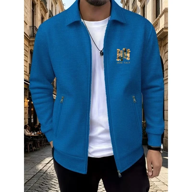 Chaqueta con cremallera para hombre, ideal para primavera y otoño, con estampado retro y mangas largas, abrigo informal, prenda de vestir exterior de corte ajustado y color liso para hombre, estilo urbano.