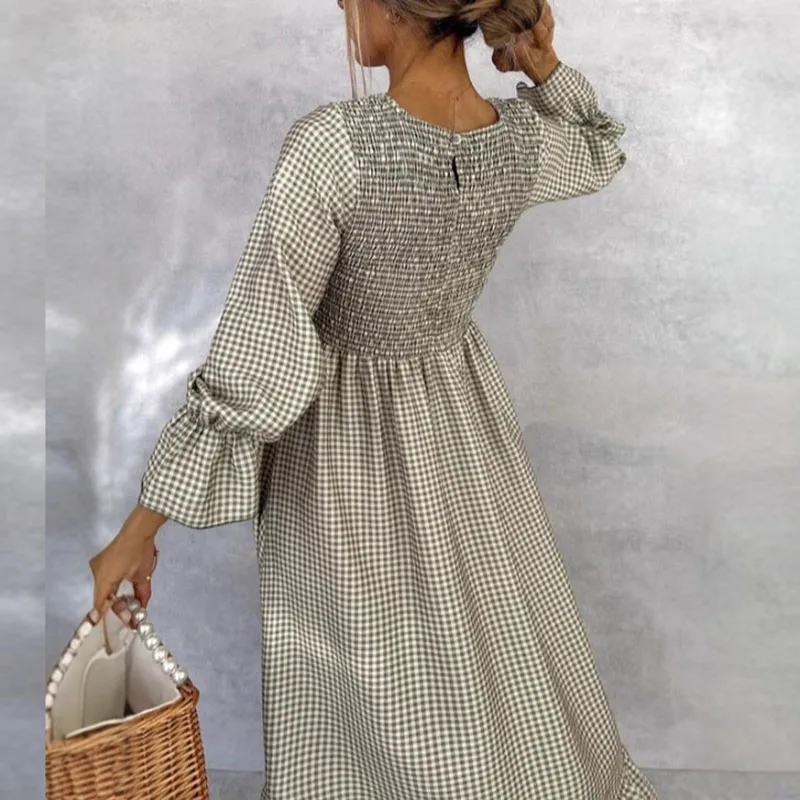 Fall Puff Sleeve A-Line Boho Dress Retro Plaid Print O-neck Button Pleated Long Dress Spring High Waist Loose Womens Party Dress