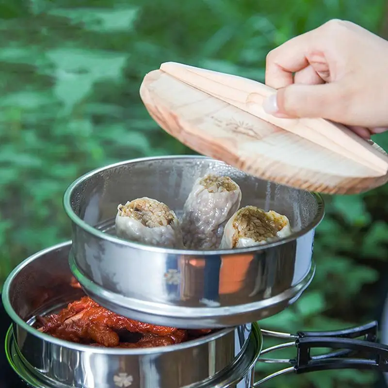 Steamer Pot For Cooking Stackable Pan Insert Bun Steamer Multi Layer With Wooden Lid Portable Multifunctional Titanium Pot