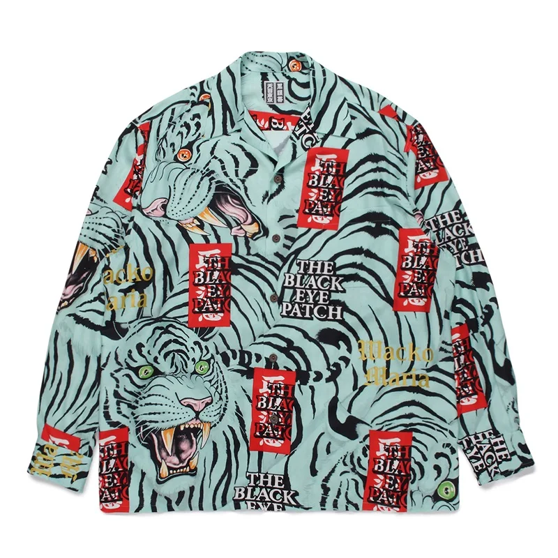Fashion Mens Womens WACKO MARIA Autumn Winter Brand Printed Logo Tiger Lapel Loose Casual Hawaii Long Sleeve Shirt