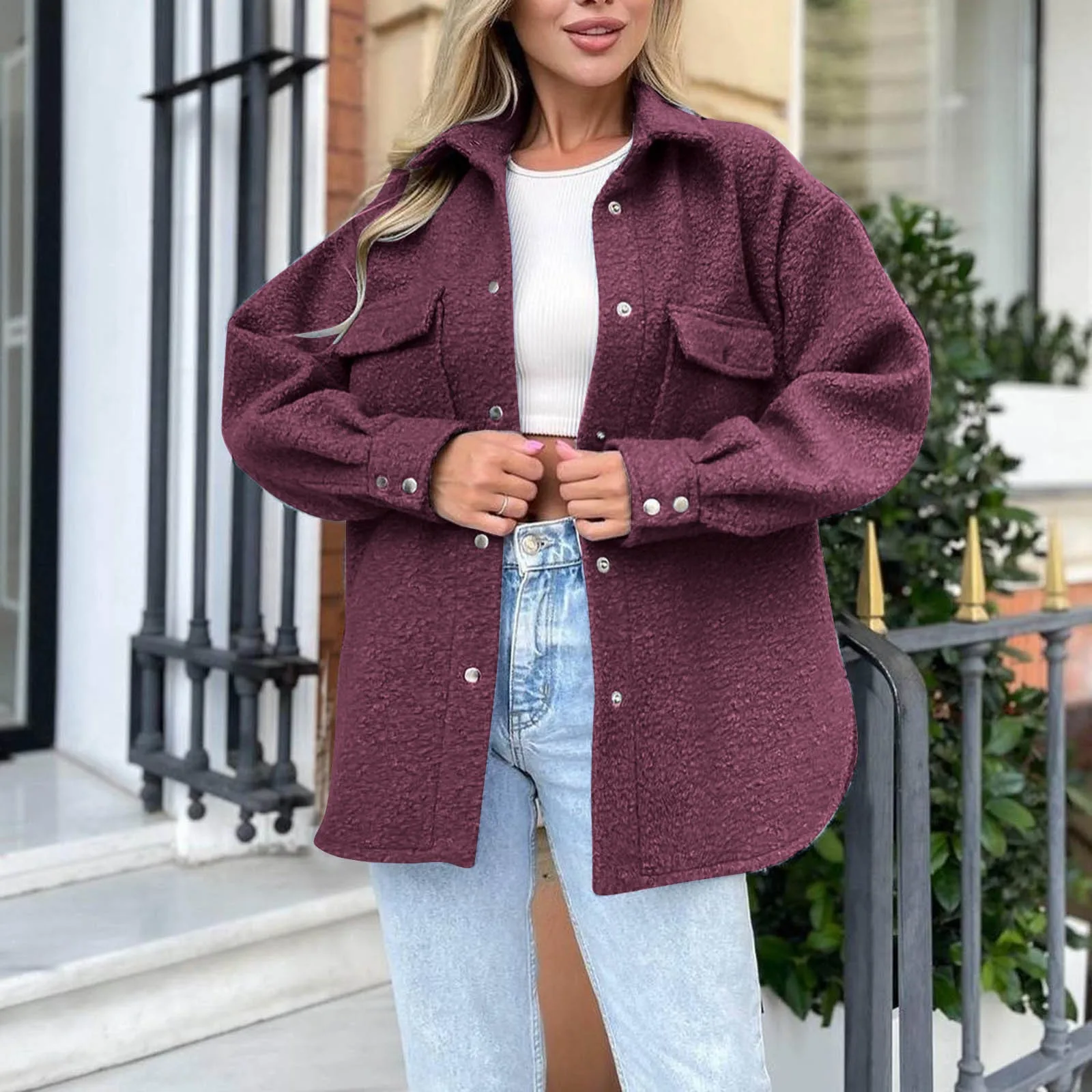 

Women'S Solid Color Fleece Coat Autumn And Winter New Fashion Warm Casual Coat Lapel Long-Sleeved Shirt Simple All-Matching Coat