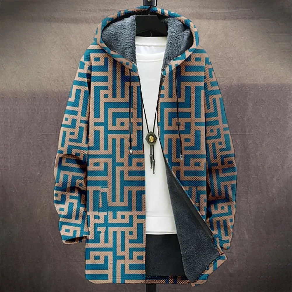 Men Cardigans Coats Stripes Geometric Art Graphics Printed Plush Thick Winter Zipper Casual Streetwear Unisex Clothing