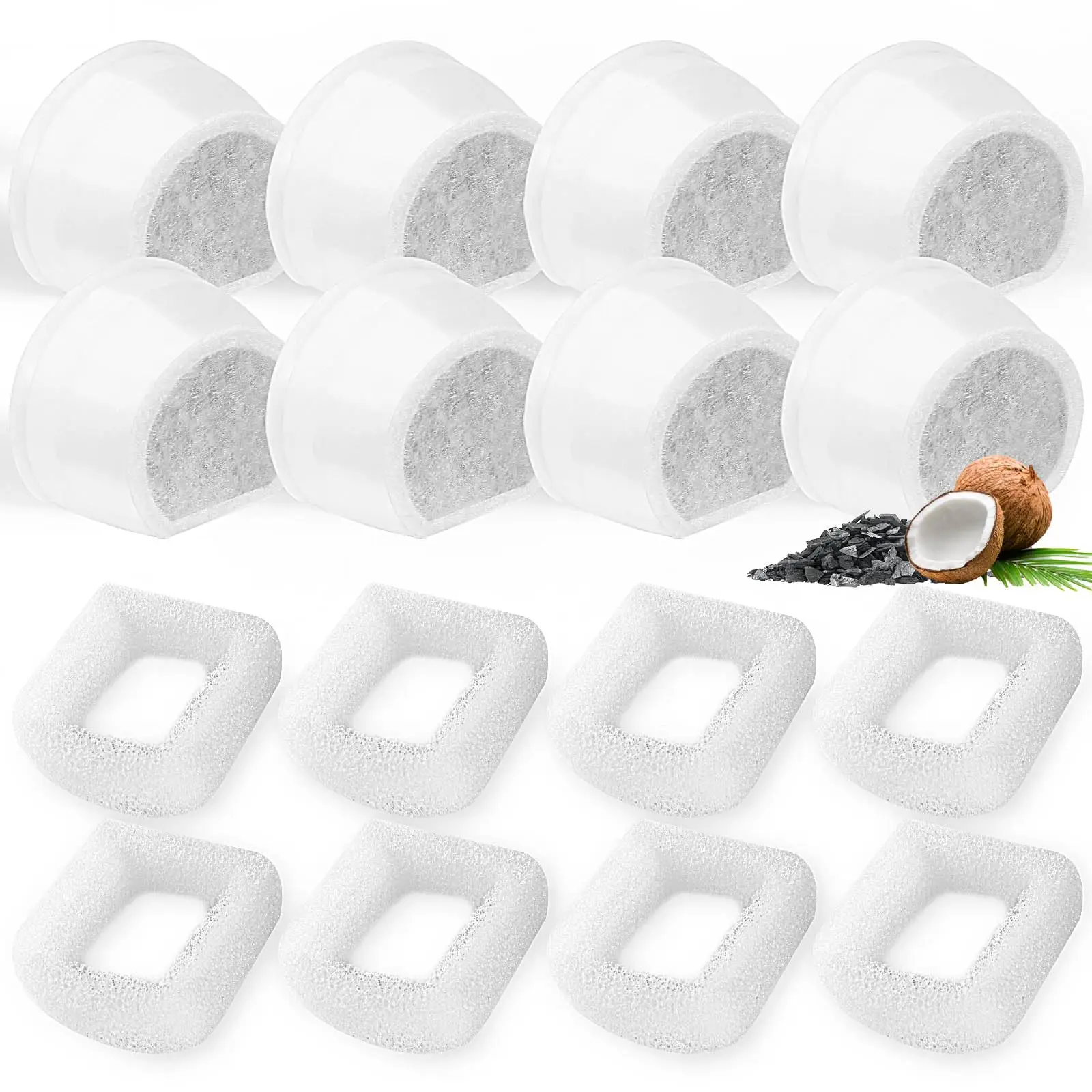 16 Pack Cat Water Fountain Filters Replacement, 8 Carbon Filters and 8 Foam Sponge Pre-Filter Fit for Multiple Ceramic