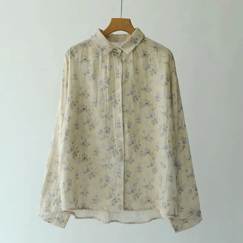 Mori Girl Autumn Rustic Flowers Print Shirt Blouse 2024 Women Japanese Style Cotton Yarn Printed Tops Women's Blouse