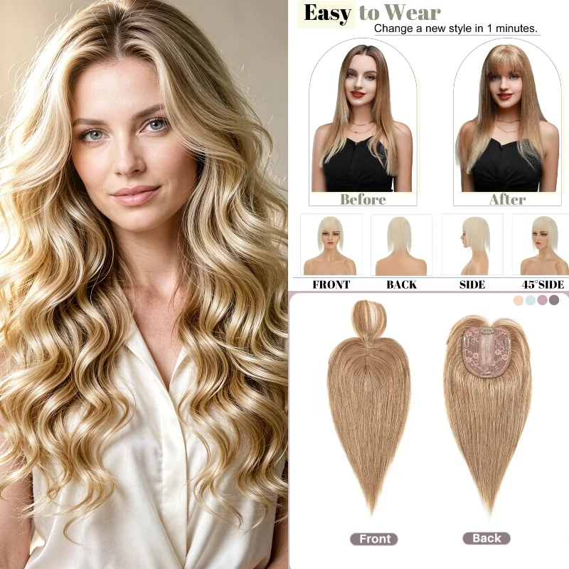 Women Hair Topper 100% Human Hair With Middle Part Bangs Lace | 10x12inch 18inch Solid Color #2 Dark Brown