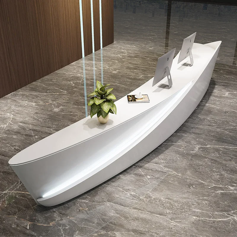 An aesthetic front desk bar with technology, creativity, and fashion sense. Fiberglass baked paint and curved shaped reception
