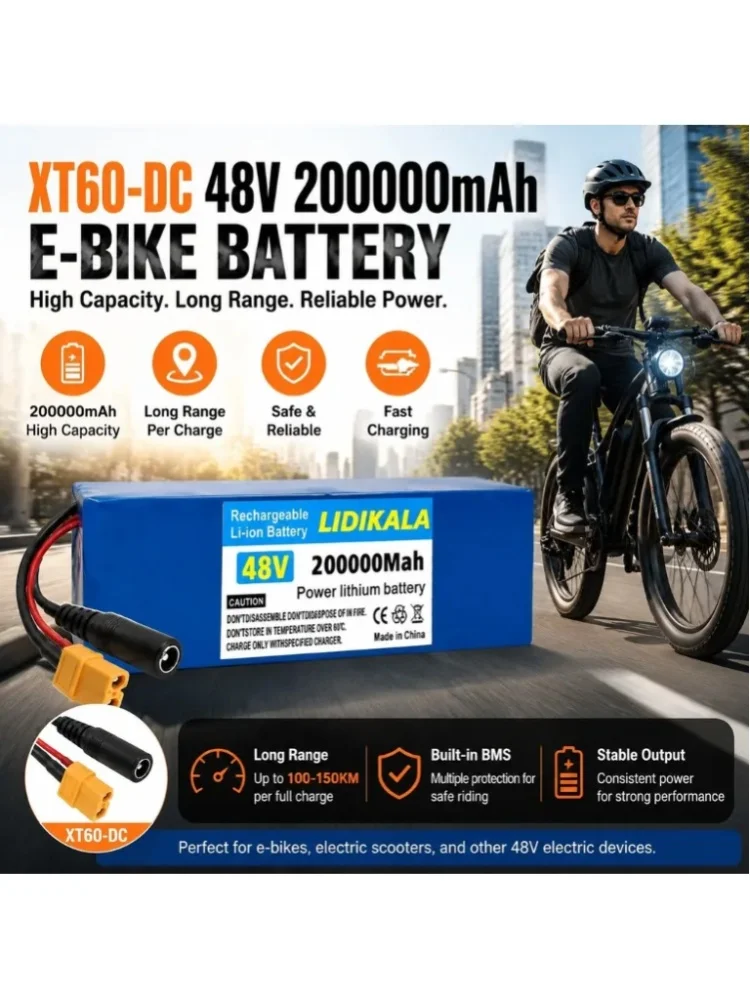 48V 200000mAh 13S3P wiederaufladbarer Lithium-Ionen-Akku mit BMS-Schutz + 48V-Ladegerät XT60+DC-Anschluss für E-Bike, E-Scooter, Solarenergiespeicher