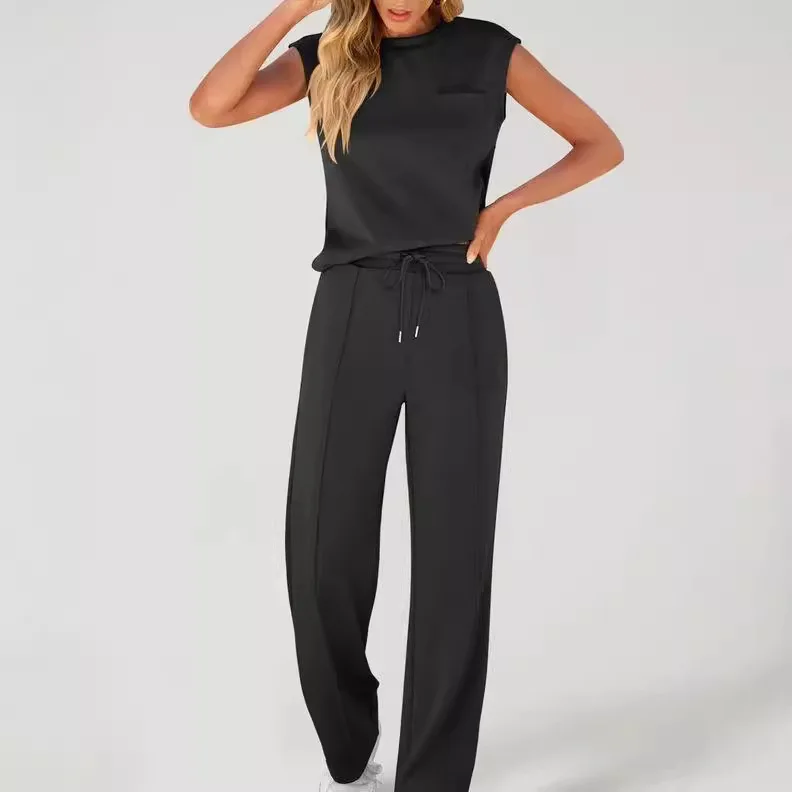 

Women Two Pieces Set T-shirt And Wide Leg Pants Short Sleeves High Waist Solid Multi-colors Sports Yoga Casual Tracksuit