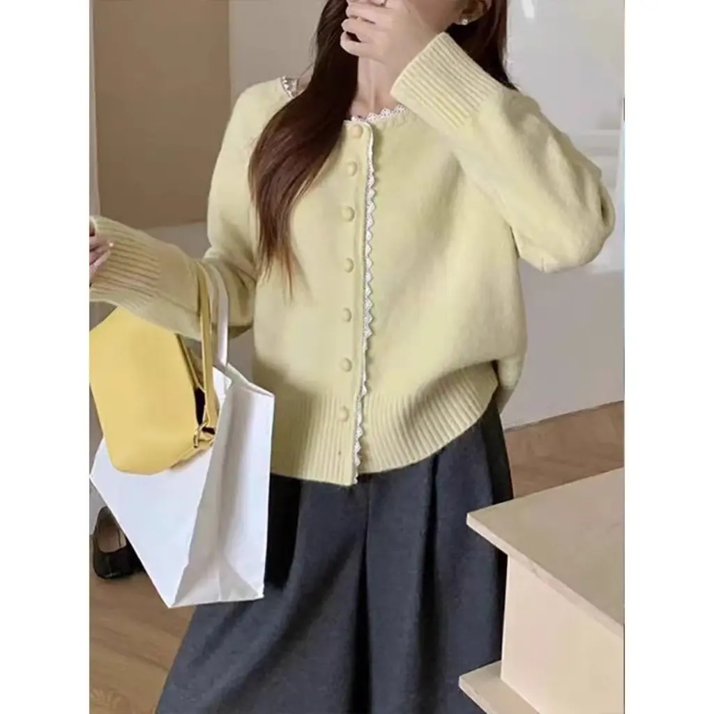 

French Style Spring Autumn Lace Trim Fashion Single Button Gentle Loose Sweet Knitted Sweater Cardigan Base Layer Top