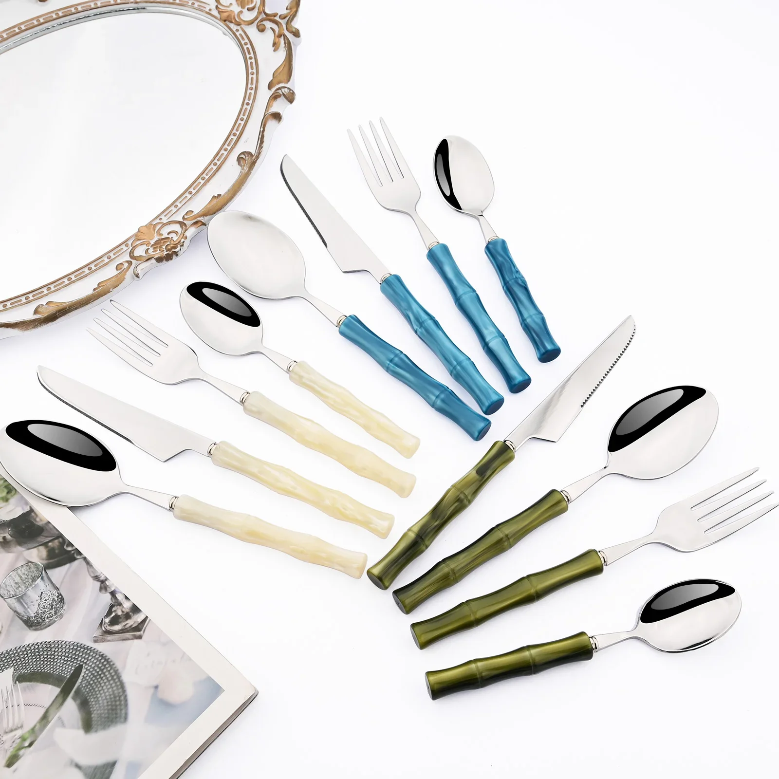 

Kitchen 304 Stainless Steel Cutlery Set Knife Spoon Fork Teaspoons Dinnerwar 4Pcs Acrylic Handle Bamboo Shaped Tableware Set