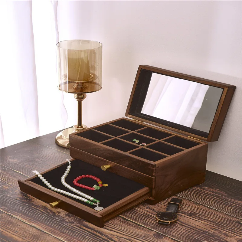 

Black walnut storage box, multi-layer large-capacity solid wood head jewelry box, storage box