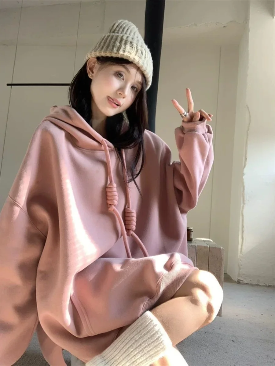 

Утепленная толстовка оверсайз больших размеров с капюшоном, повседневная, осенне-зимняя, женская модная верхняя одежда, удобная, универсальная, в стиле BF