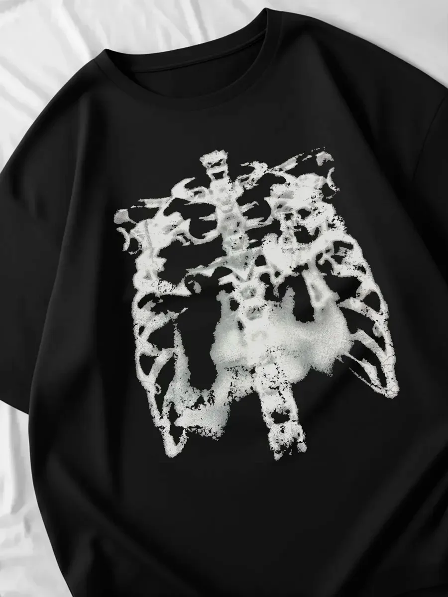 Women Black Short Sleeve T‑Shirt Vintage Grunge Skeleton Ribcage Print O‑Neck Loose Punk Streetwear Ladies Casual Top