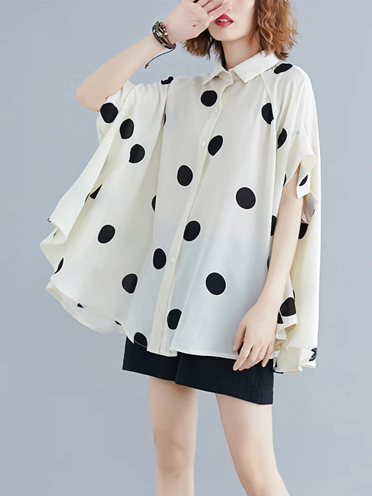 Black Vintage Polka Dot Print Blouse Women New Chiffon Lapel Short Sleeve Loose Casual Shirt Tops Fashion Summer Clothes 2024