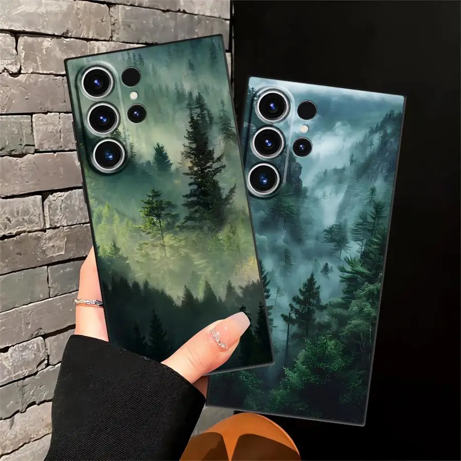 Case for Samsung Galaxy S23 Ultra S24 Plus S25 Edge S20 S21 FE Black Soft Phone Cover Mountain View Pattern